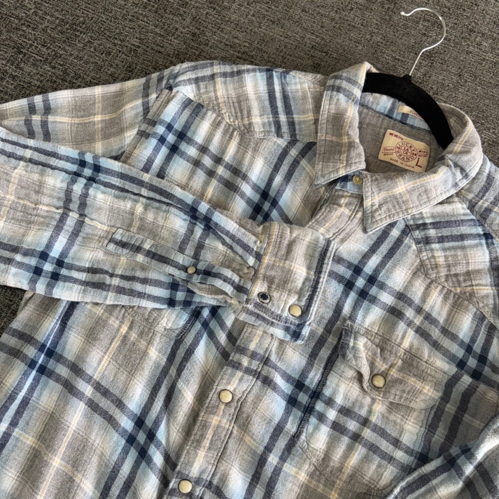 Lucky Brand Western Pearl Snap Shirt Large Blue Grey Plaid Classic Fit 1116